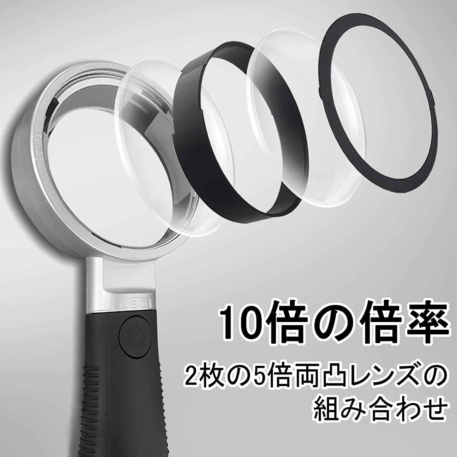 10倍高倍率 手持ちルーペ 3段階照明 LEDライト付き ハンドヘルド 拡大鏡 拡大レンズ デスクルーペ 電池 宝石 プレゼント 1812.