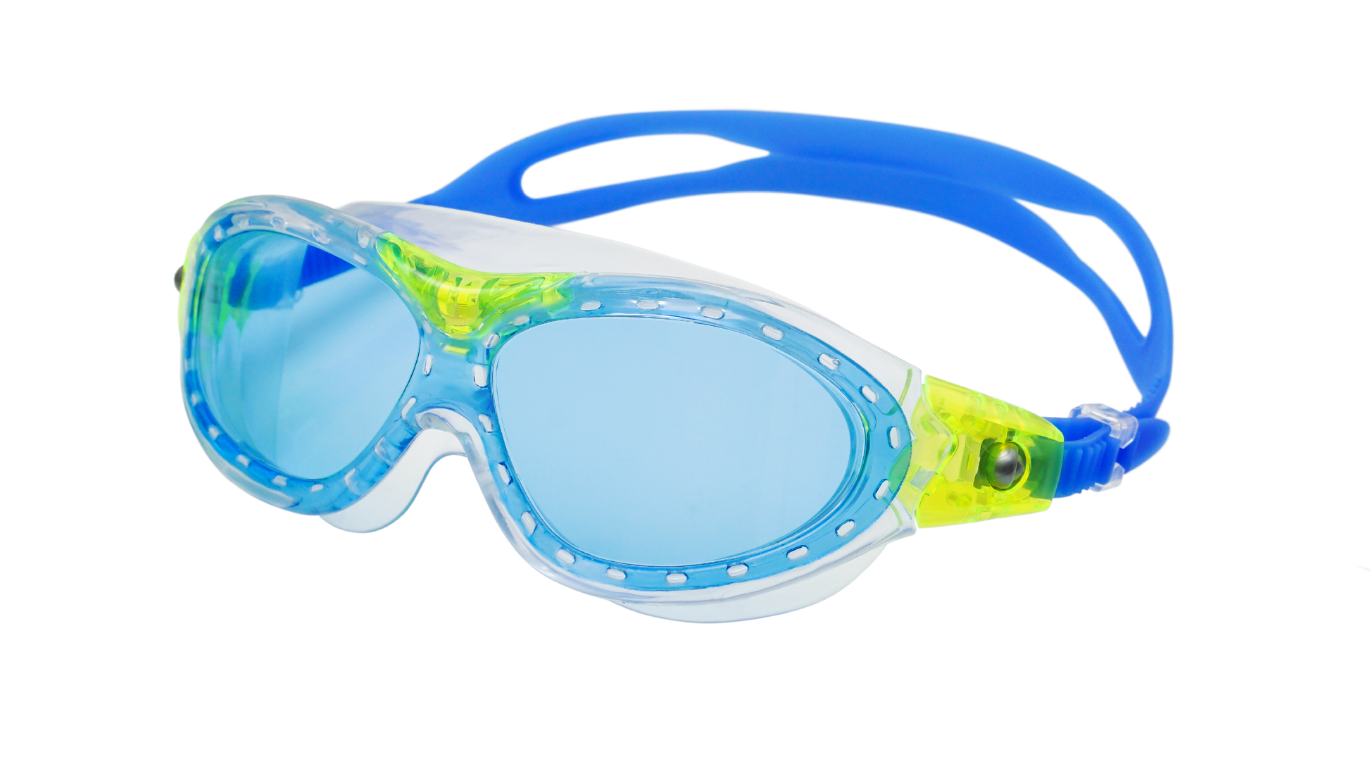 SAEKO K7 子供用スイミングゴーグル 青緑色 側面 大型フレーム クリアレンズ ブルーストラップ 調節可能