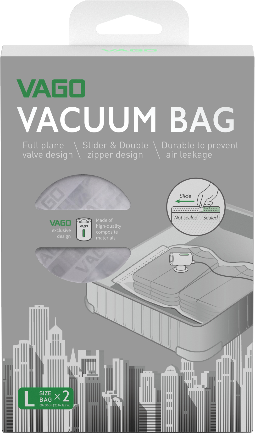 VAGO 真空圧縮袋 Lサイズ 2枚セット パッケージ スライダー ダブルジッパー 高品質 漏れ防止