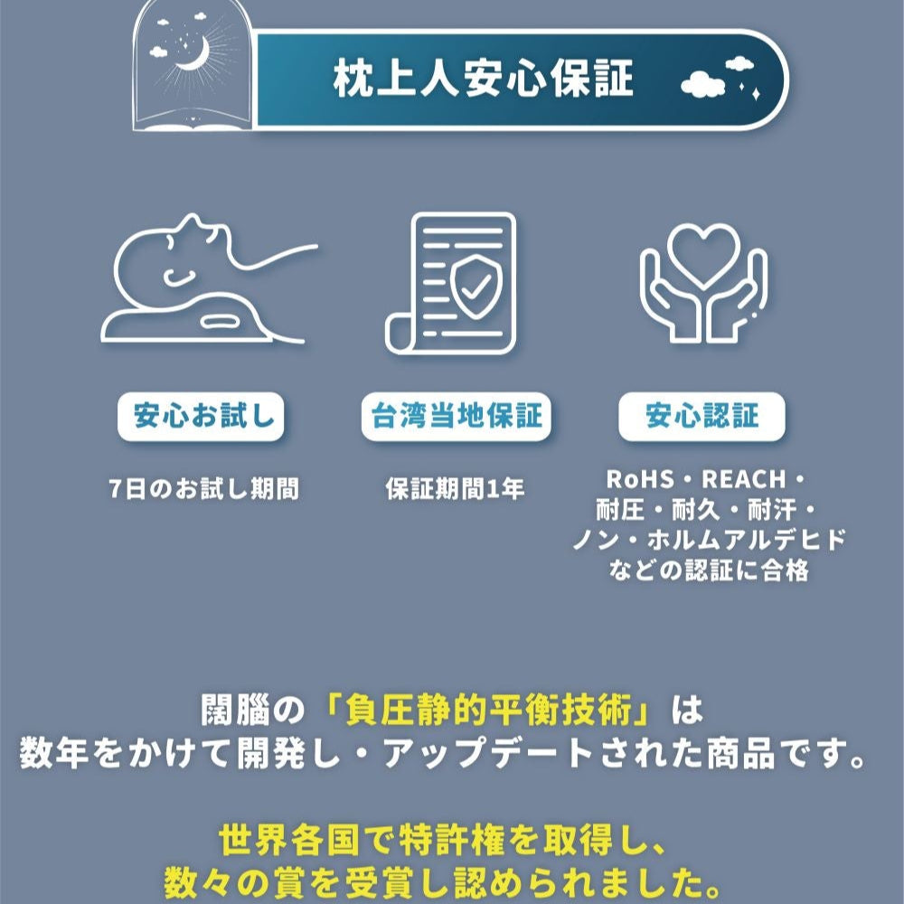 KUONAO 枕上人 安心保証 7日お試し 1年保証 RoHS REACH認証 負圧静的平衡技術 世界特許 受賞
