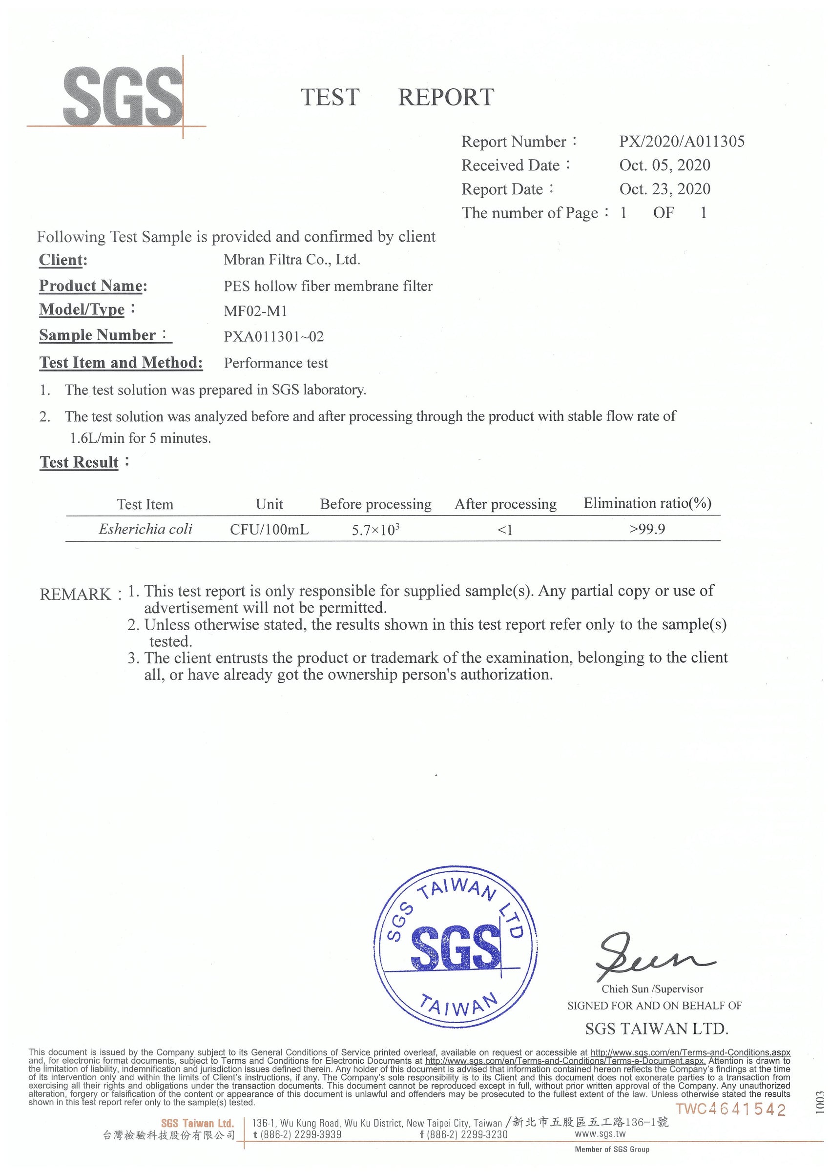 mbranfiltra 携帯浄水器 SGS認証 テストレポート  品質保証書