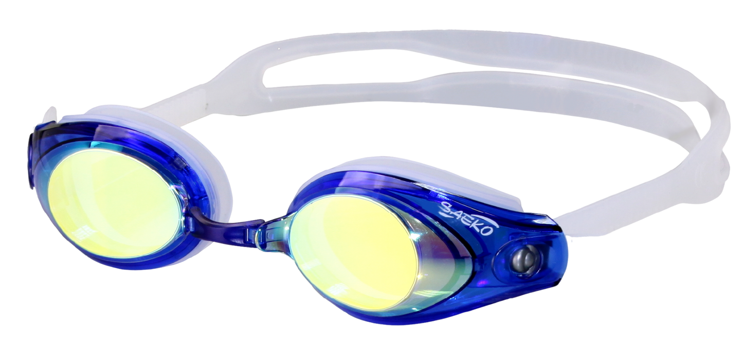 SAEKO S42UV スイミングゴーグル ブルー ミラーレンズ UVカット くもり止め 広角レンズ クイック調節バックル シリコンアイカップ 鼻ベルト交換可能