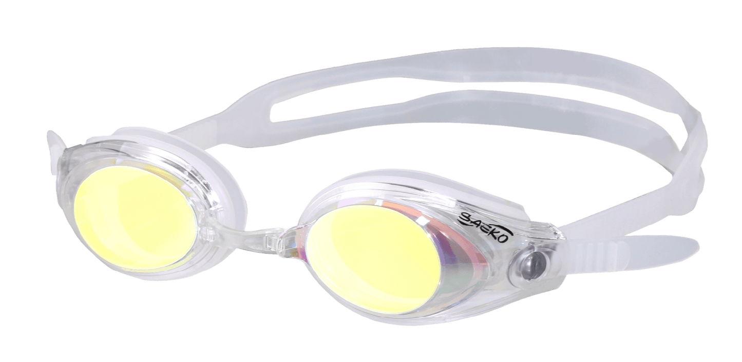 SAEKO S42UV スイミングゴーグル クリアホワイト ミラーレンズ UVカット くもり止め 広角レンズ クイック調節バックル シリコンアイカップ 鼻ベルト交換可能