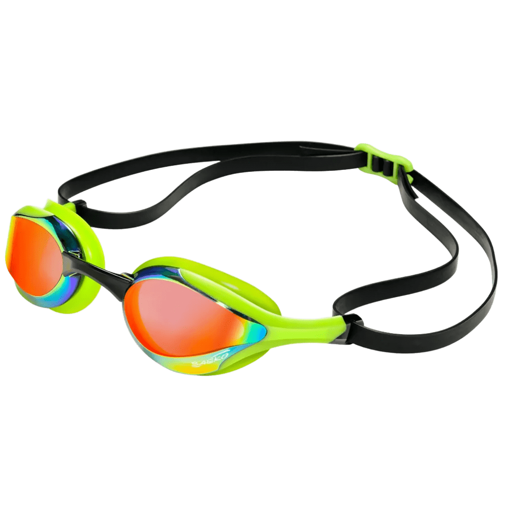 SAEKO S58UV スイミングゴーグル グリーン 緑 イエロー 黒 レインボーミラーレンズ 透明背景 商品写真 流線形デザイン 競技用
