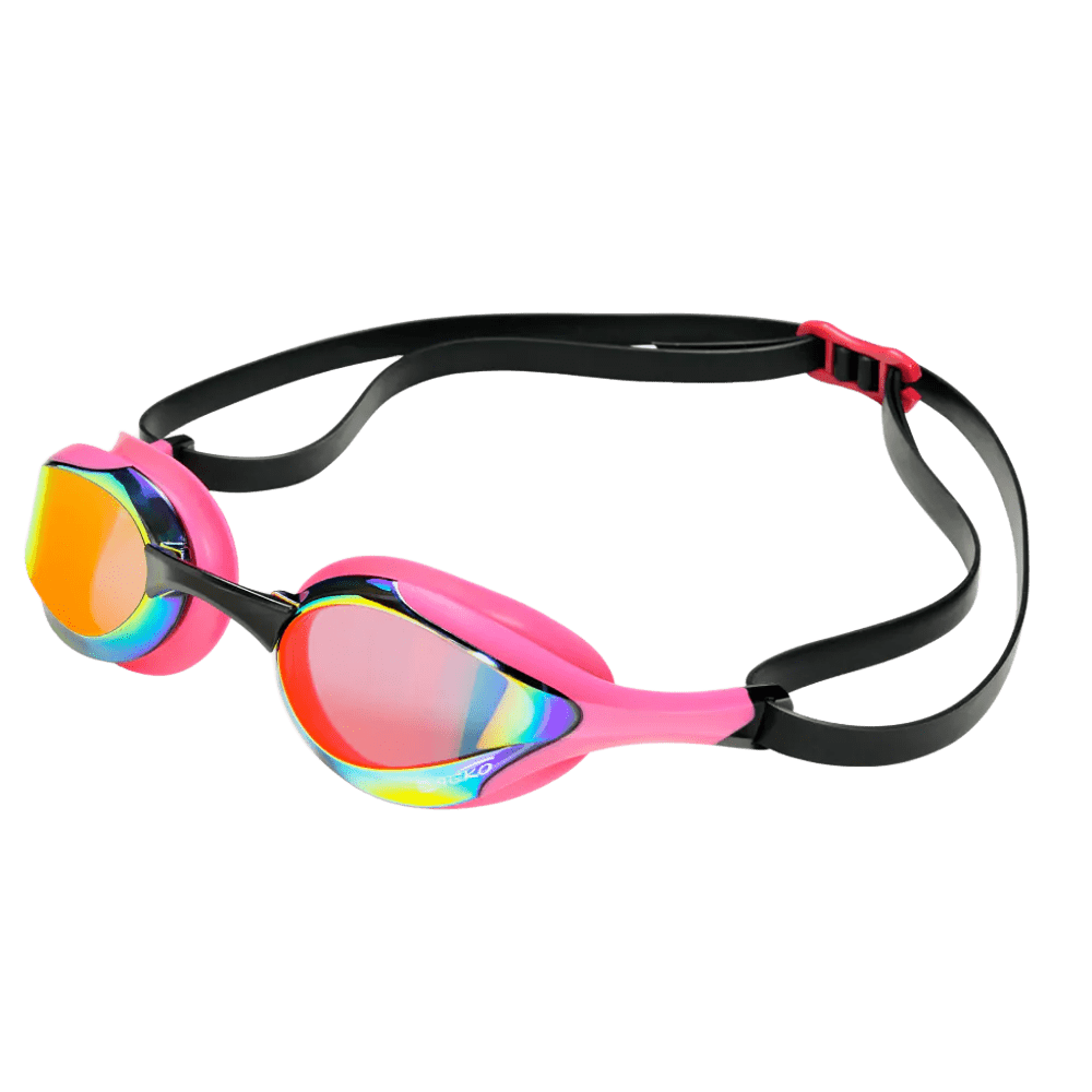 SAEKO S58UV スイミングゴーグル ピンク 黒 レインボーミラーレンズ 透明背景 商品写真 流線形デザイン 競技用
