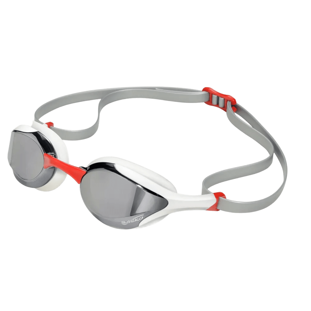 SAEKO S58UV スイミングゴーグル ブラック 白 赤 シルバーミラーレンズ 透明背景 商品写真 流線形デザイン 競技用