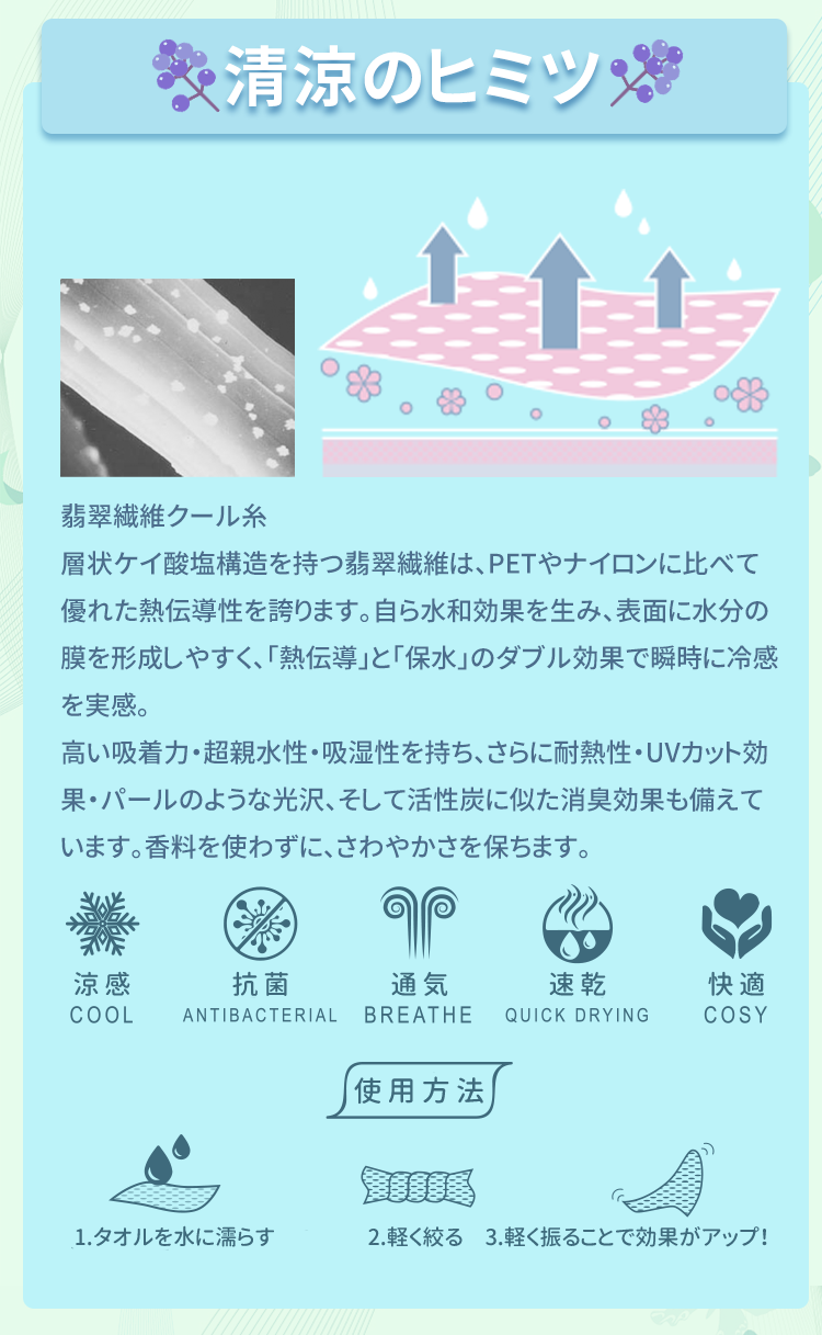 Anti-Arctic 冷却タオル 清涼のヒミツ 超微繊維クール糸 涼感 抗菌 通気 速乾 快適 使用方法 水に濡らす 絞る 振る