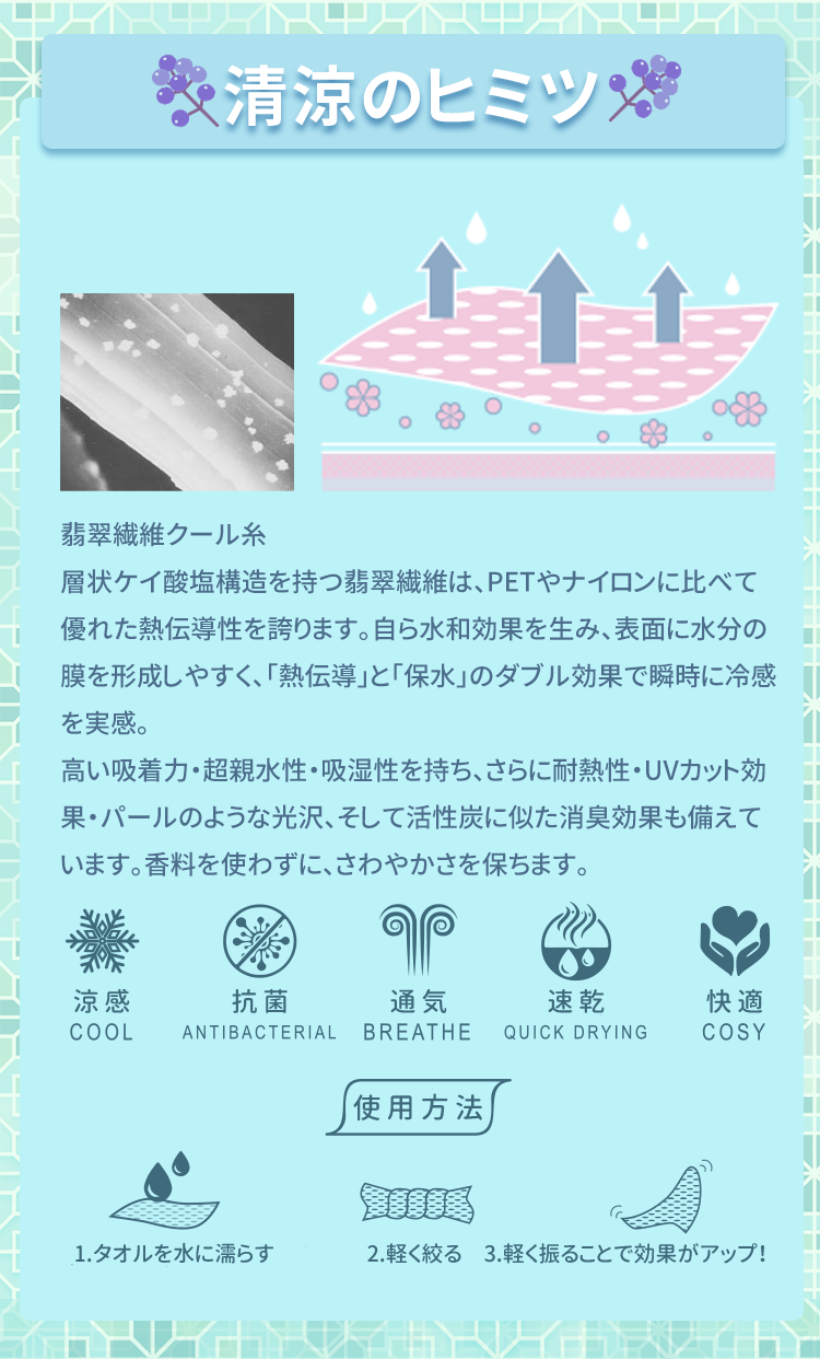 Anti-Arctic 冷感タオル 清涼のヒミツ 親緊織維クール糸 涼感 抗菌 通気性 速乾 快適 自己水和効果 瞬間冷感 使用方法説明 台湾製 玉石繊維 運動 アウトドア用