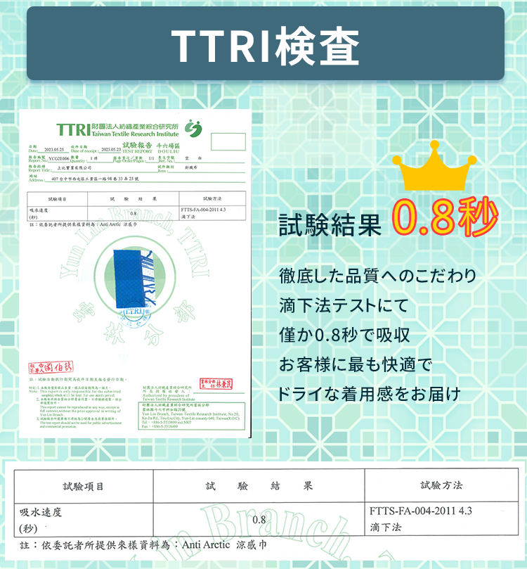 Anti-Arctic 冷感タオル TTRI検査証明書 吸水速度0.8秒 滴下法テスト 台湾紡織研究所 優れた吸水性 ドライな着用感 高品質 窓花デザイン 台湾製 玉石繊維