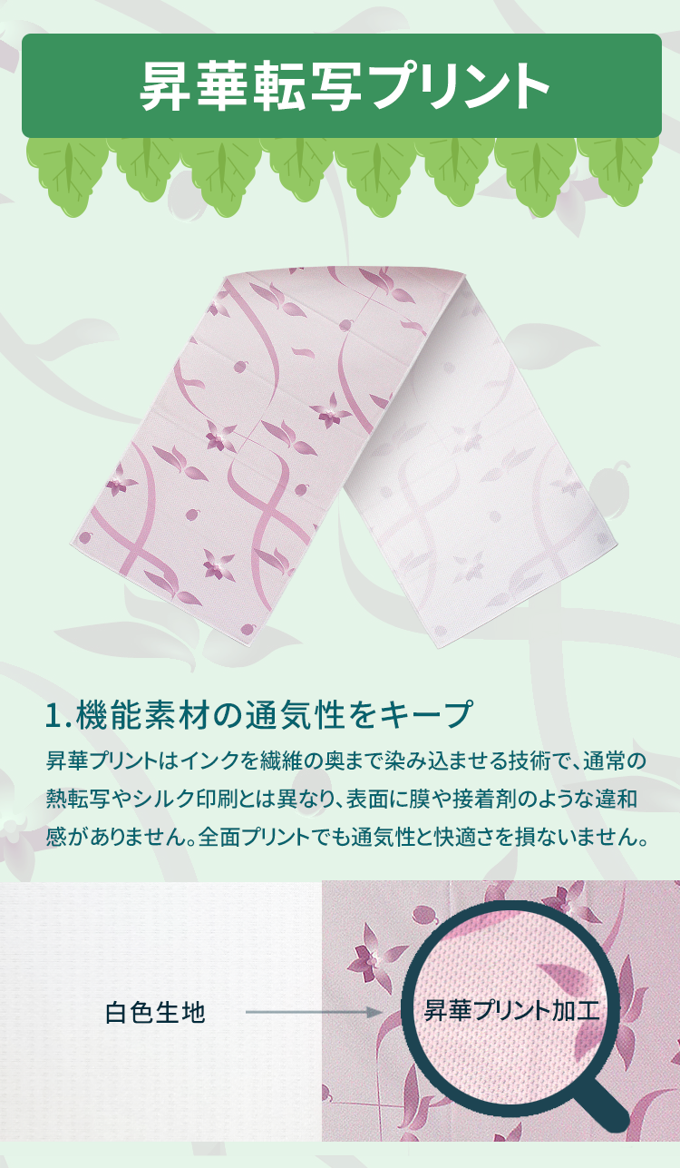Anti-Arctic 冷却タオル 昇華転写プリント 胡蝶蘭 色落ちなし 機能素材 30x100cm 印刷技術説明