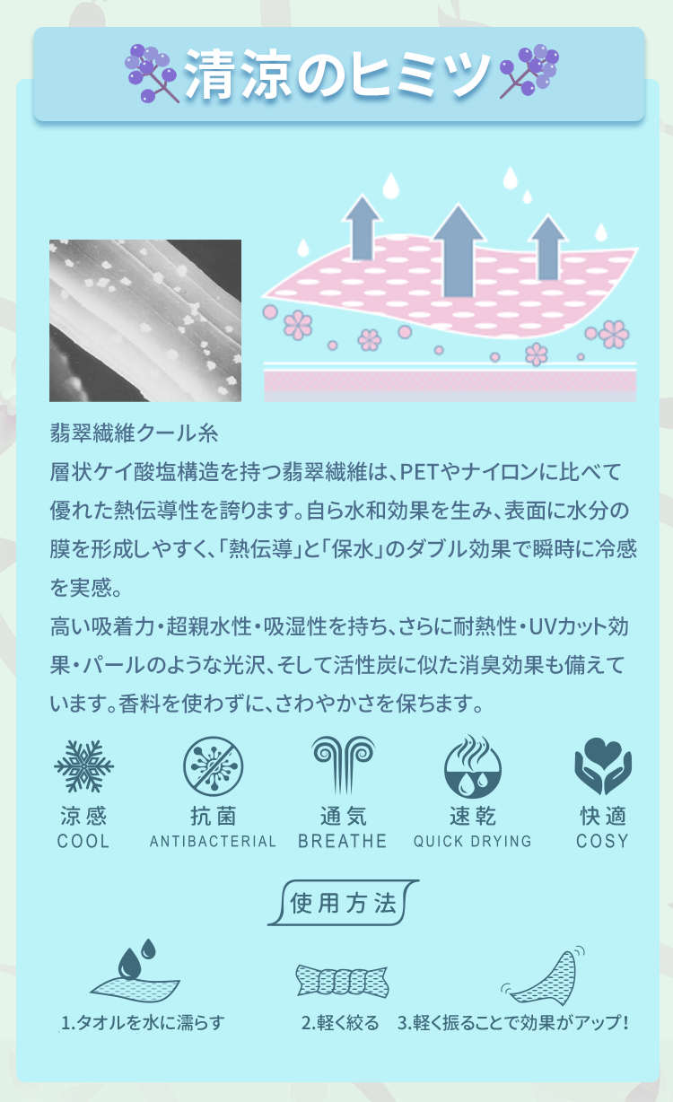 Anti-Arctic 冷却タオル 清涼のヒミツ 玉石繊維 冷感 抗菌 通気 速乾 快適 使用方法 30x100cm