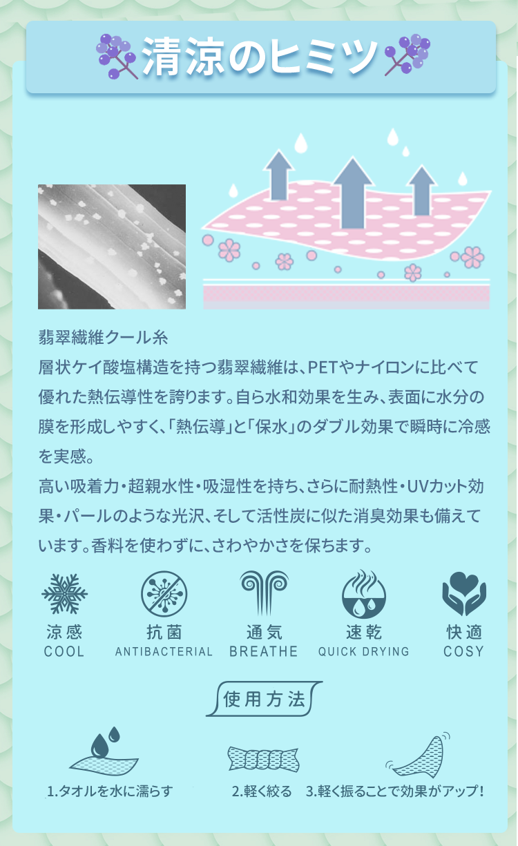 清涼のヒミツ Anti-Arctic 冷却タオル 糖萃纖維クール糸 涼感 抗菌 通気 速乾 快適 使用方法3ステップ 玉石繊維 冷感原理
