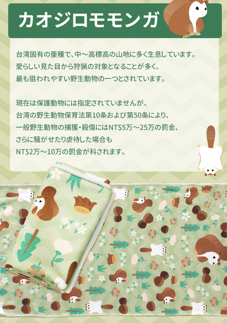 Anti-Arctic 冷却タオル カオジロモモンガ柄 淡緑色 台湾固有亜種 保護動物 玉石繊維 冷感 台湾製 スポーツ用