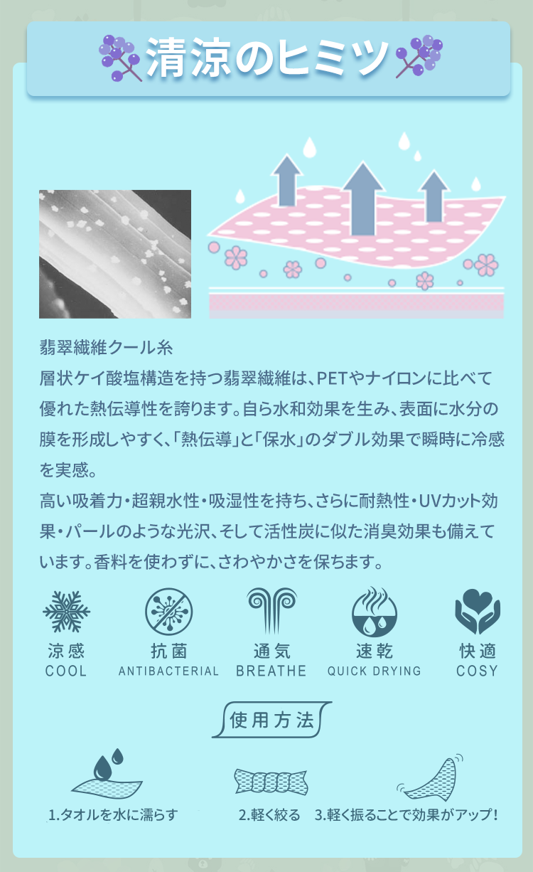 Anti-Arctic 冷却タオル 清涼の秘密 玉石繊維 冷感 抗菌 通気 速乾 UVカット 使用方法 台湾製 スポーツ用