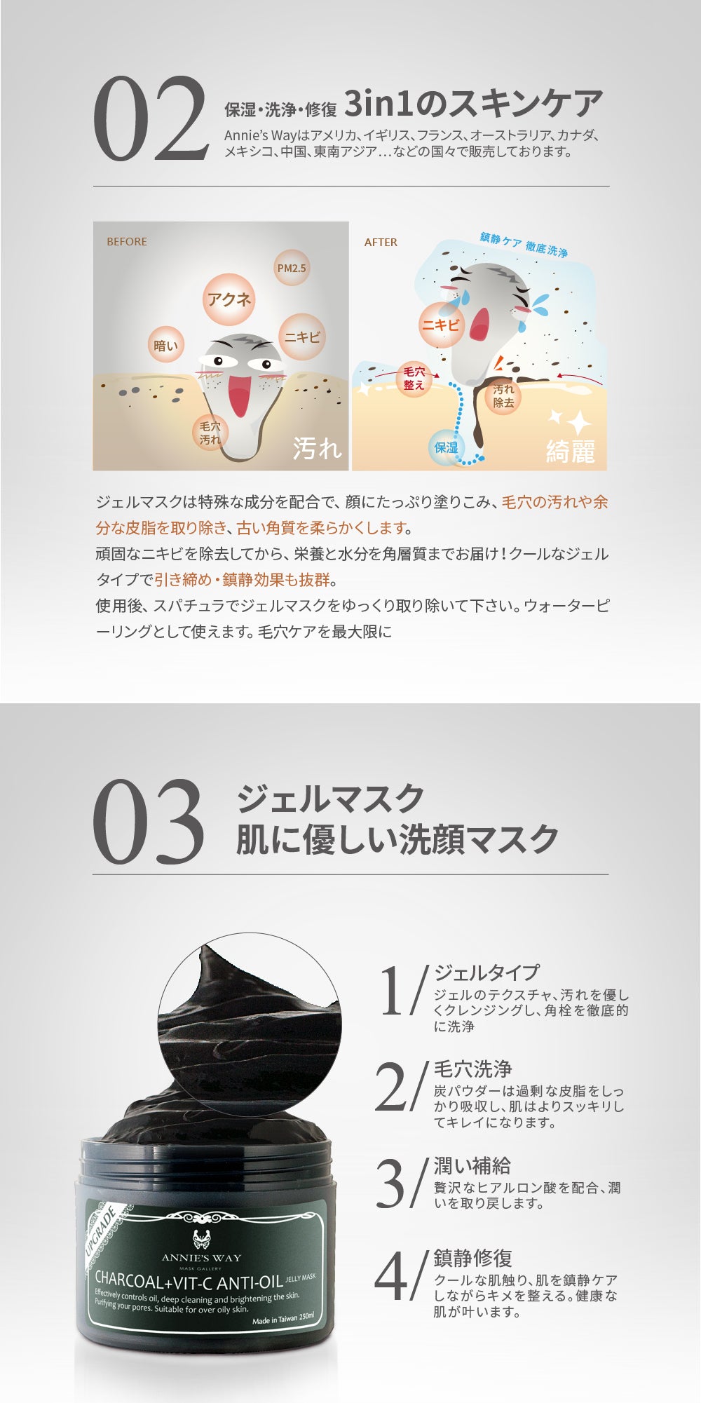 ANNIE'S WAY 炭パック 3in1スキンケア 洗顔マスク 毛穴ケア 皮脂抑え 保湿 敏感肌 商品特徴