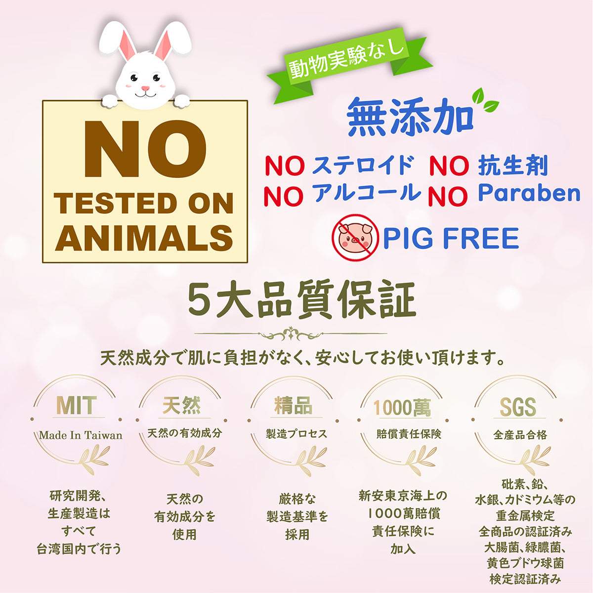 ANNIE'S WAY ジェルパック 動物実験なし 無添加 天然成分 台湾製 SGS認証 5大品質保証 安全性 品質保証図