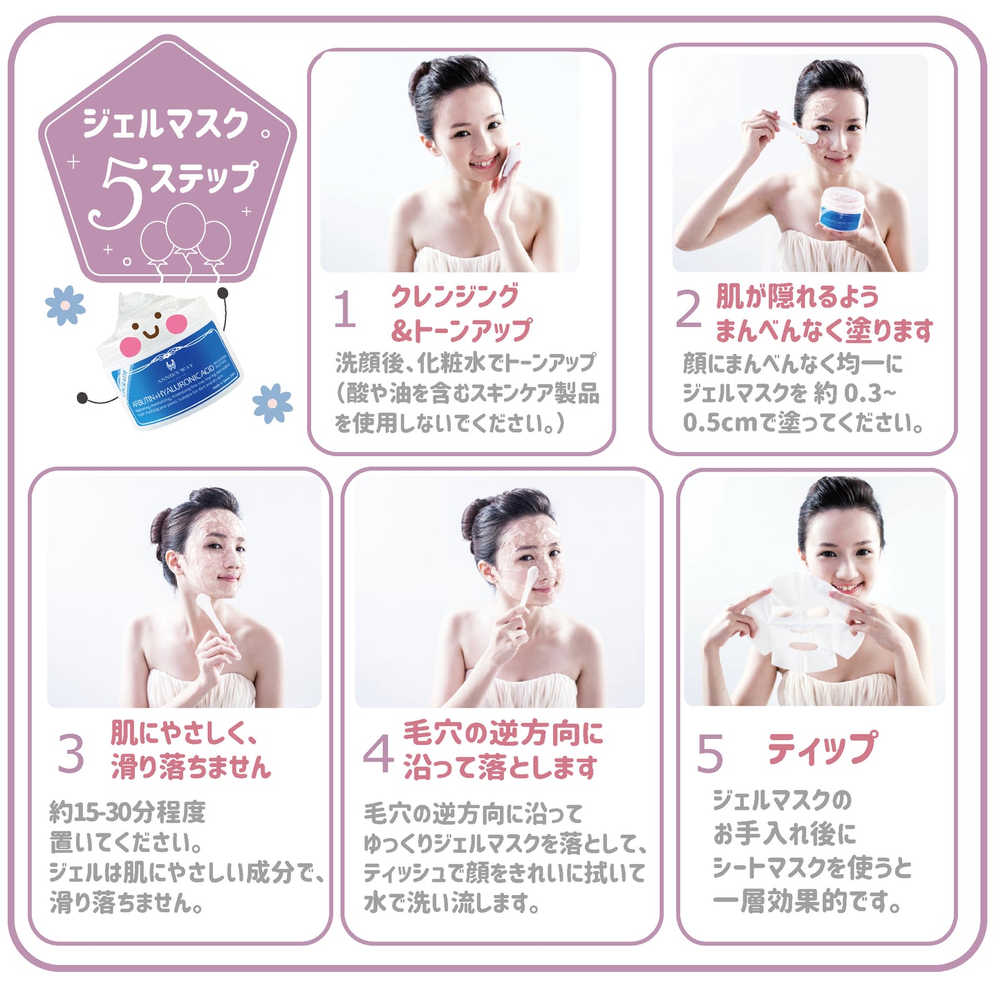ANNIE'S WAY ジェルパック 使用方法 5ステップ クレンジング 塗り方 15-30分 洗い流し方 使用手順 説明図