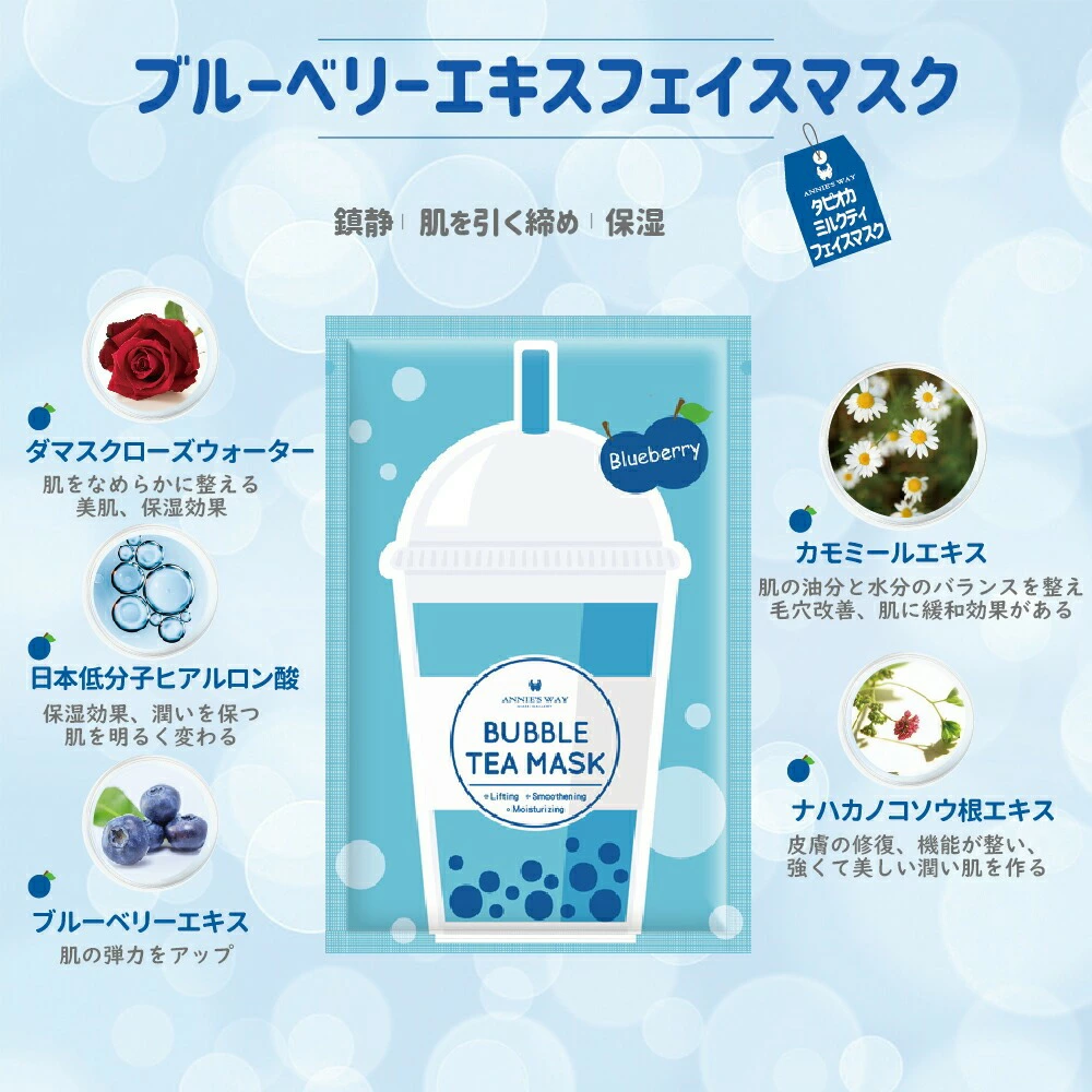 ANNIE'S WAY ブルーベリーマスク ヒアルロン酸配合 鎮静 保湿 引き締め 成分説明図