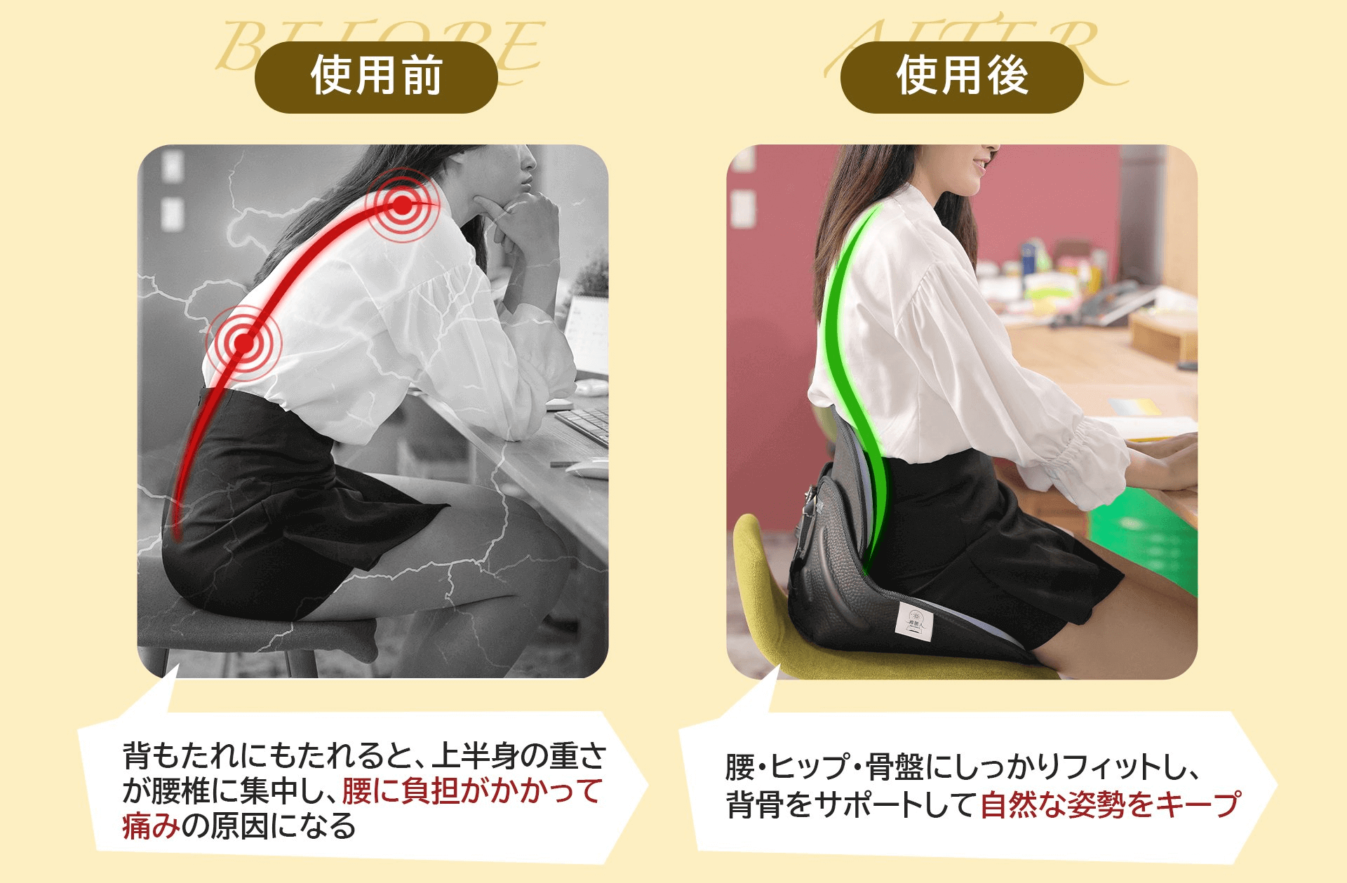 KUONAO 腰ラクサポーター 使用前後比較 駝背改善 正しい姿勢 腰痛改善 骨盤矯正 背骨サポート 姿勢キープ