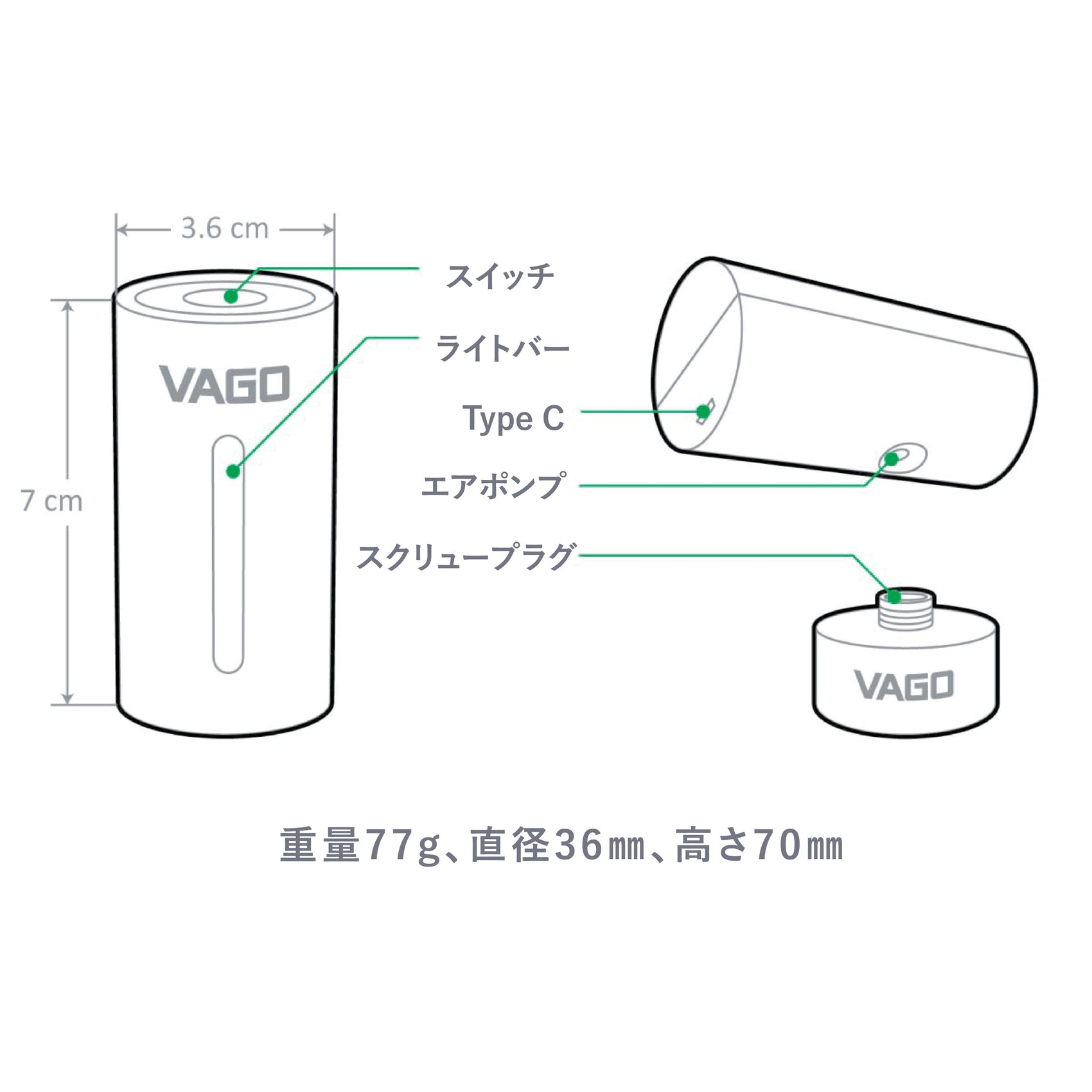 VAGO Z 製品構造 各部名称 Type C充電 サイズ 77g 36mm 70mm 仕様図 設計図