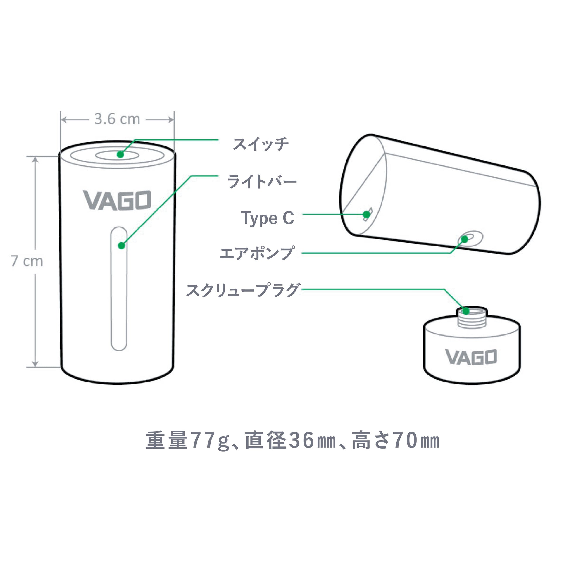 VAGO Z 製品構造 各部名称 Type C充電 サイズ 77g 36mm 70mm 仕様図 設計図