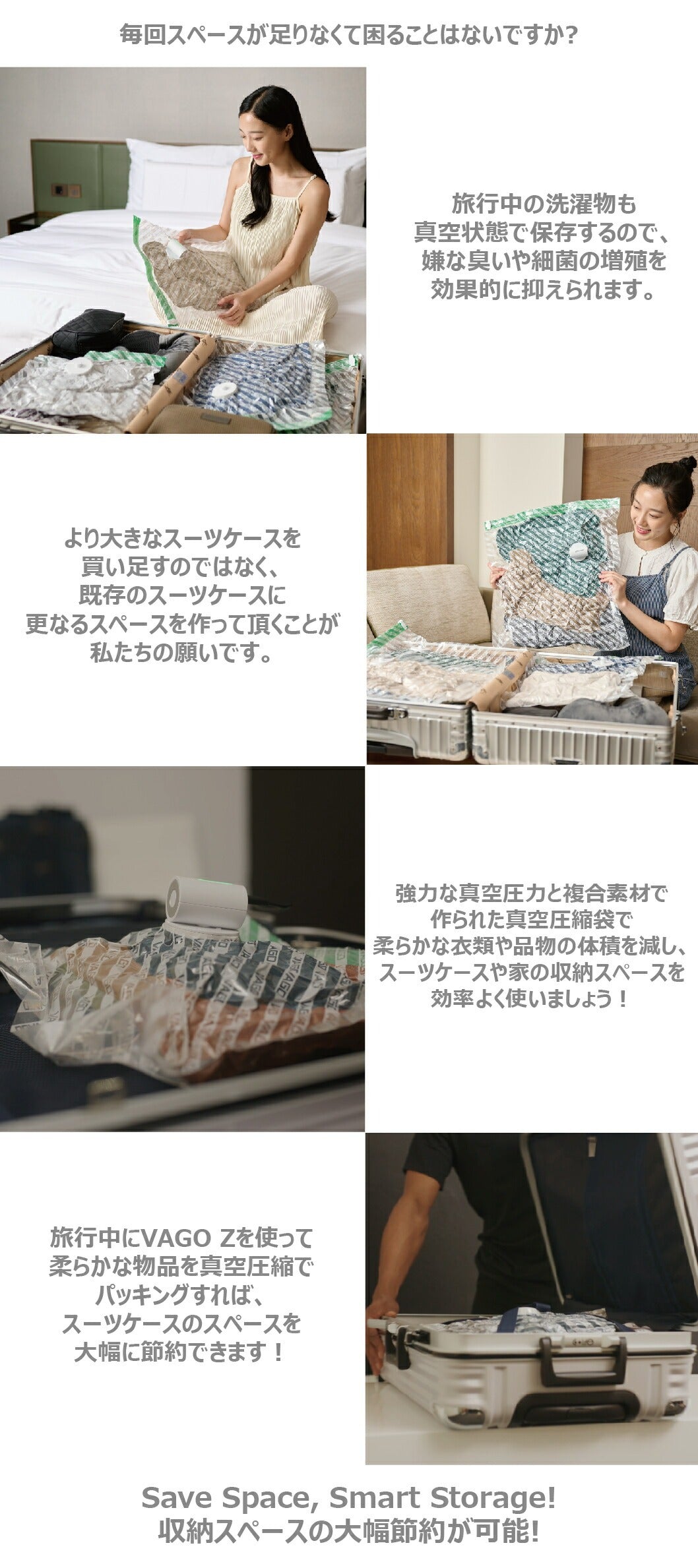 VAGO 真空圧縮袋 使用例 旅行 出張 季節収納 スーツケース スペース節約 衣類整理 VAGO Z