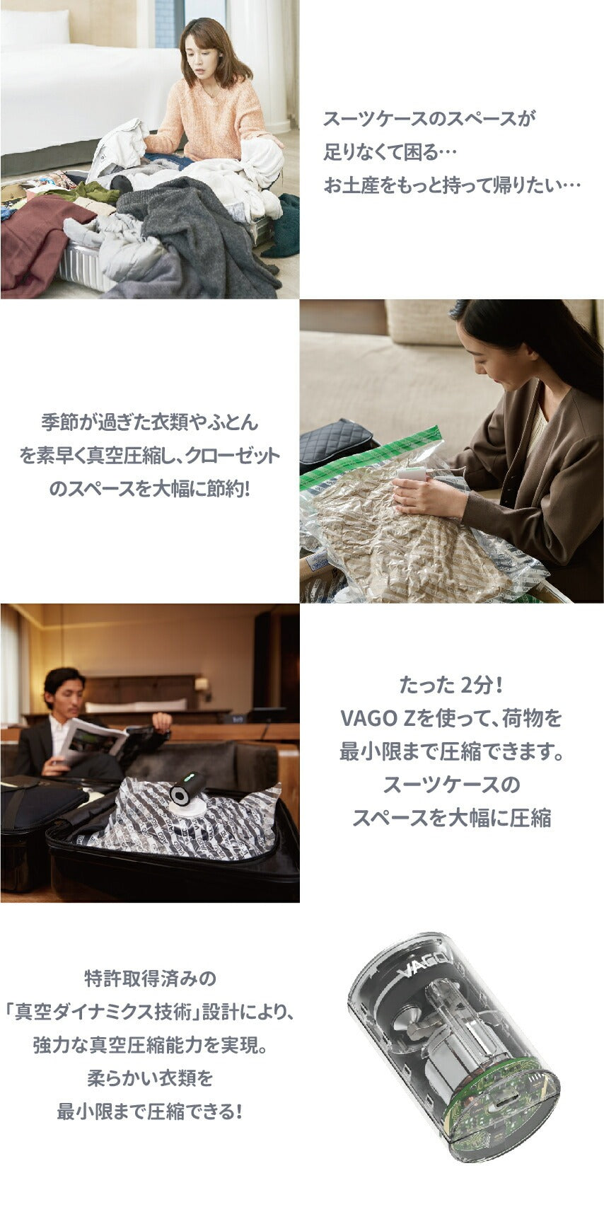 VAGO Z 使用例 スーツケース収納 旅行 出張 季節衣類 クローゼット整理 真空圧縮 特許技術 荷物圧縮