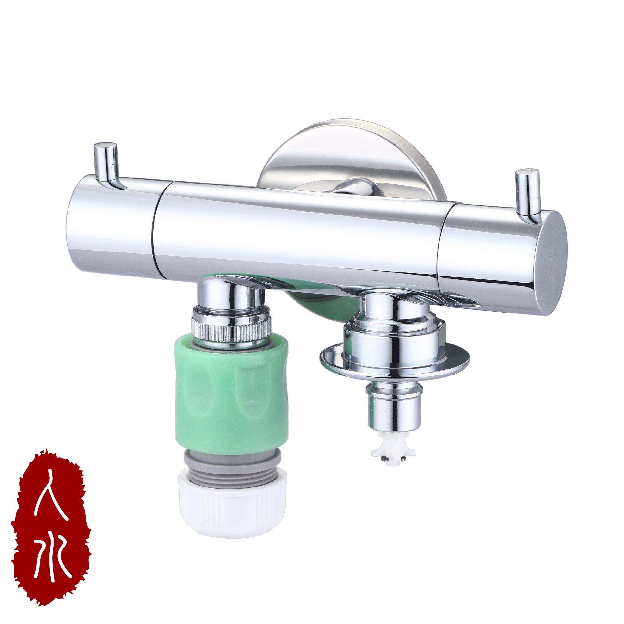 人水 水栓34-375｜シルバー 銅製 洗濯機専用 二口分岐 緊急止水 壁給水