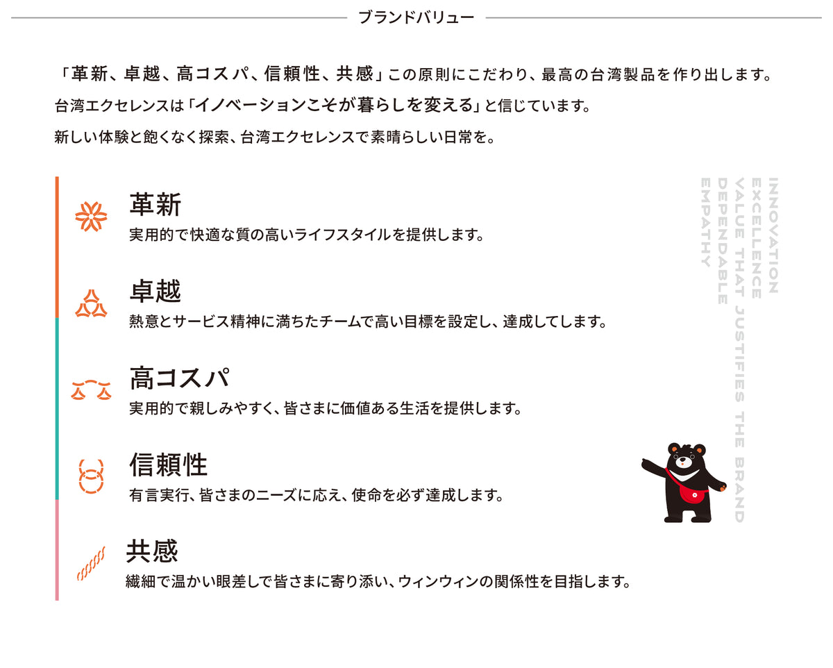 ブランドバリュー
「革新、卓越、高コスパ、信頼性、共感」この原則にこだわり、最高の台湾製品を作り出します。