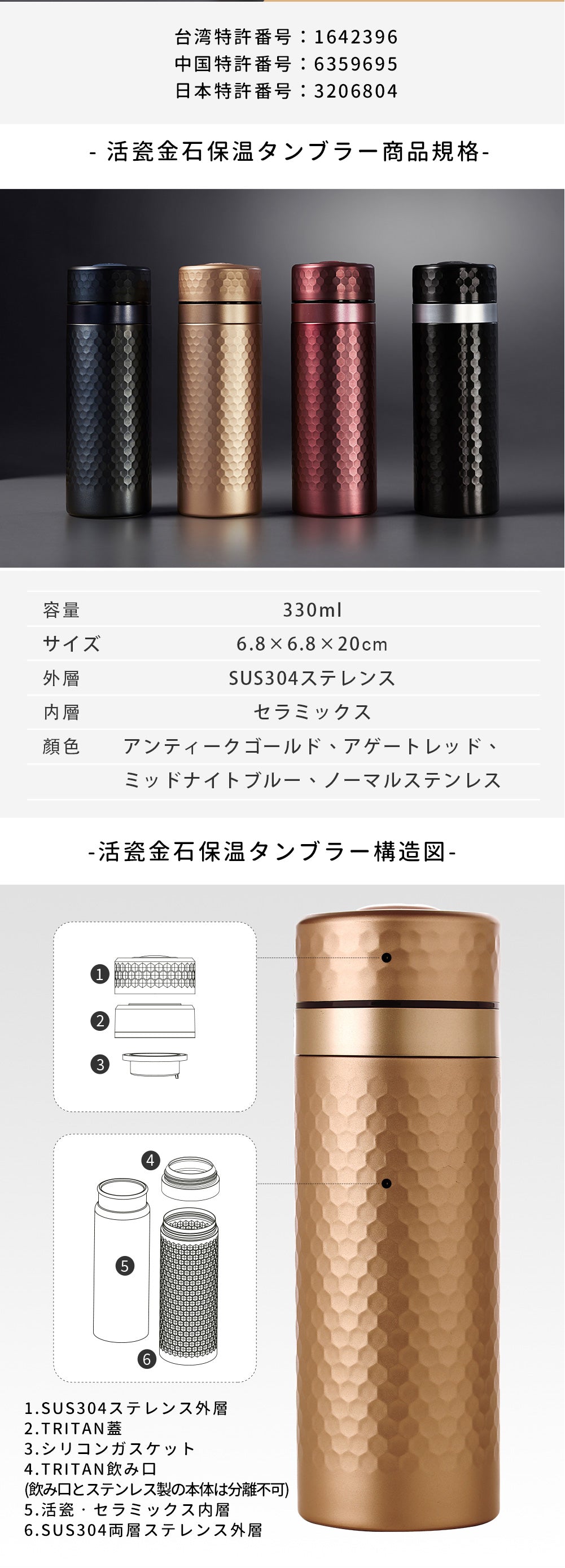 セラミック水筒 330ml 4色展開 保温保冷 真空断熱 直飲み 軽量 持ち運び便利 金石風デザイン 通勤 ランチ アウトドア対応
