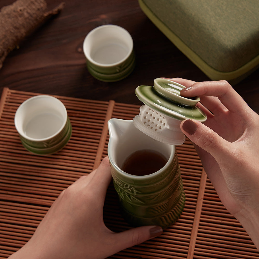 竹君子 茶器セット 急須 湯呑み 3色展開 軽量 セラミック 携帯便利 収納バッグ付 おしゃれ 和モダン プレゼントにも最適