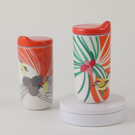 瓷林 和音 陶器タンブラー ニイタカキクイタダキ 植物 360度 オレンジ蓋  保温保冷 ふた付き 300ml  マイボトル 蓋付きタンブラー