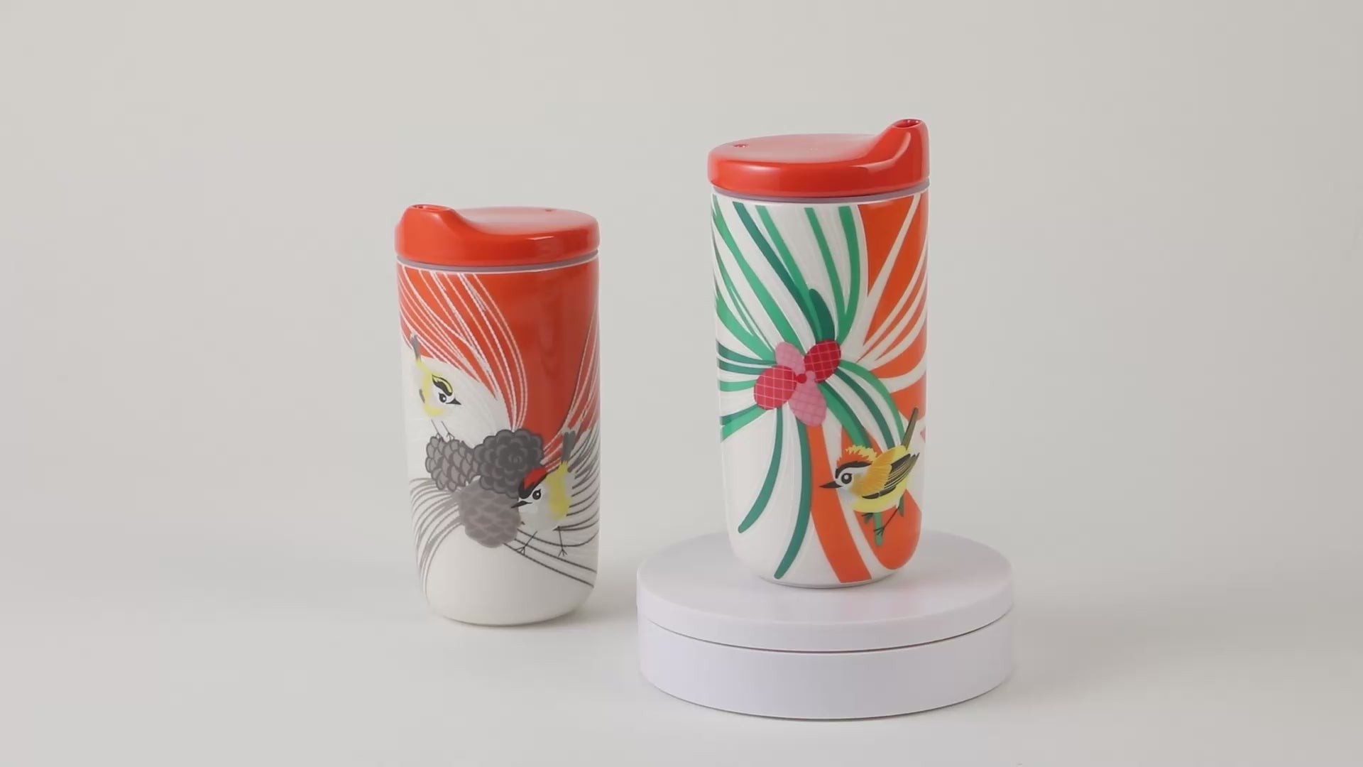 瓷林 和音 陶器タンブラー ニイタカキクイタダキ 植物 360度 オレンジ蓋  保温保冷 ふた付き 300ml  マイボトル 蓋付きタンブラー