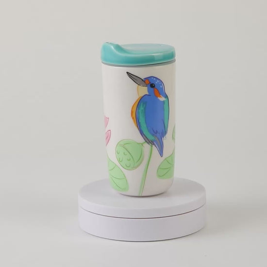 瓷林 翠啼蓬勃 陶器タンブラー カワセミ 蓮の花 360度ビュー ターコイズ蓋  保温保冷  マイボトル 蓋付きタンブラー 300ml 動画
