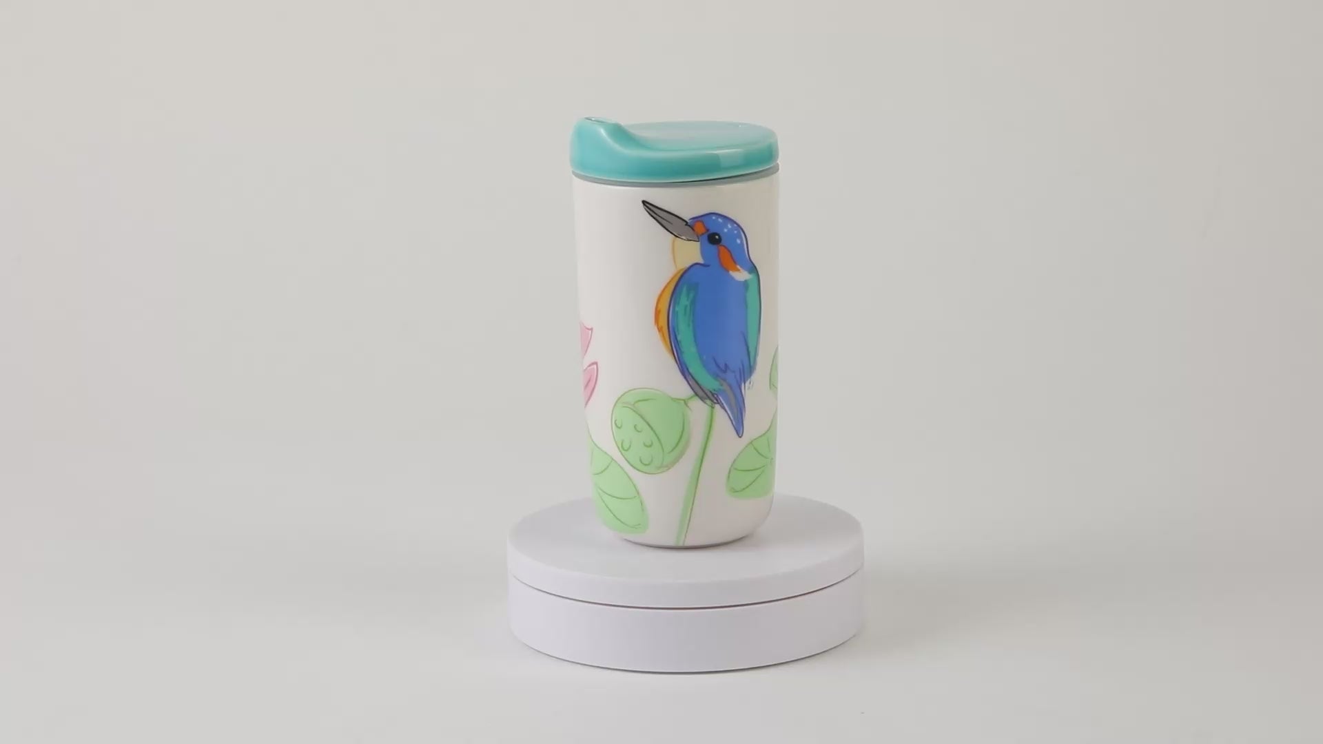 瓷林 翠啼蓬勃 陶器タンブラー カワセミ 蓮の花 360度ビュー ターコイズ蓋  保温保冷  マイボトル 蓋付きタンブラー 300ml 動画