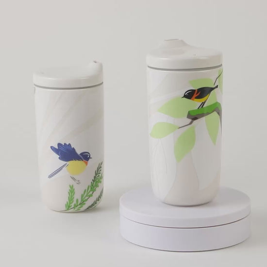 瓷林 躍進タンブラー アリサンヒタキ 白色陶器製 ふた付き 保温保冷 台湾固有種の青い鳥デザイン マイボトル 展示 商品動画
