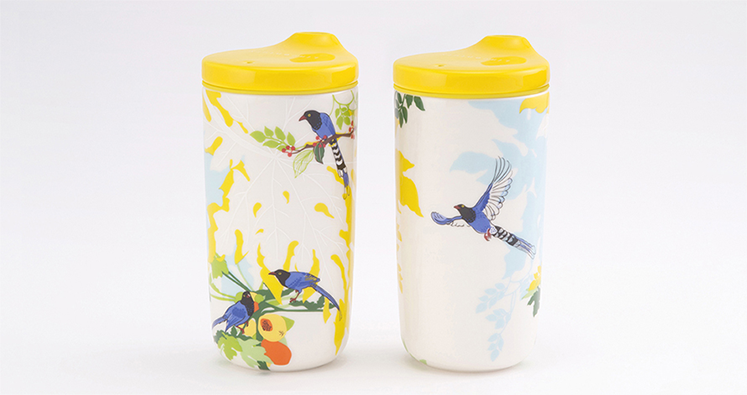 瓷林 鵲起 陶器タンブラー 台湾国鳥 タイワンアオカササギ  ふた付き 保温保冷 二重構造 300ml マイボトル