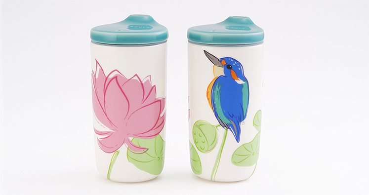 瓷林 翠啼蓬勃 陶器タンブラー カワセミ 蓮の花 ターコイズ蓋 保温保冷 ふた付き 300ml  蓋付きタンブラー