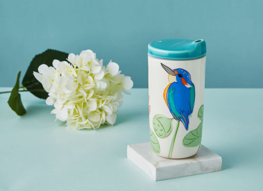 瓷林 翠啼蓬勃 陶器タンブラー カワセミ ターコイズ蓋  保温保冷 蓋付きタンブラー 300ml  ギフト おしゃれ マイボトル