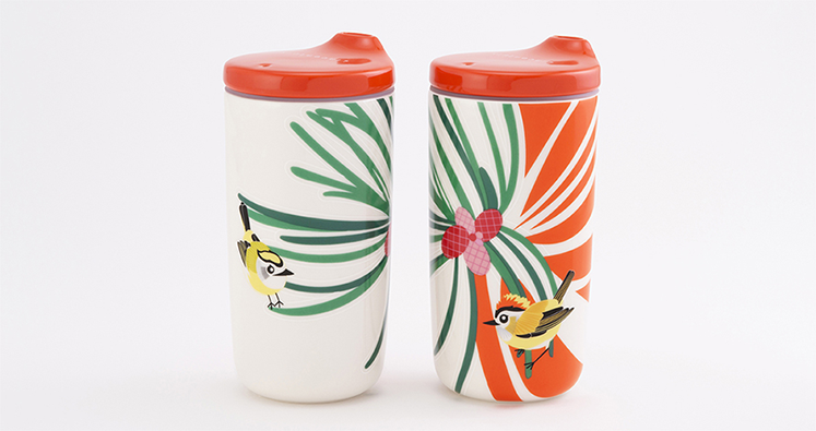 瓷林 和音 陶器タンブラー ニイタカキクイタダキ 緑の葉 ピンクの花 オレンジ蓋 二重構造 保温保冷 ふた付き 300ml  マイボトル