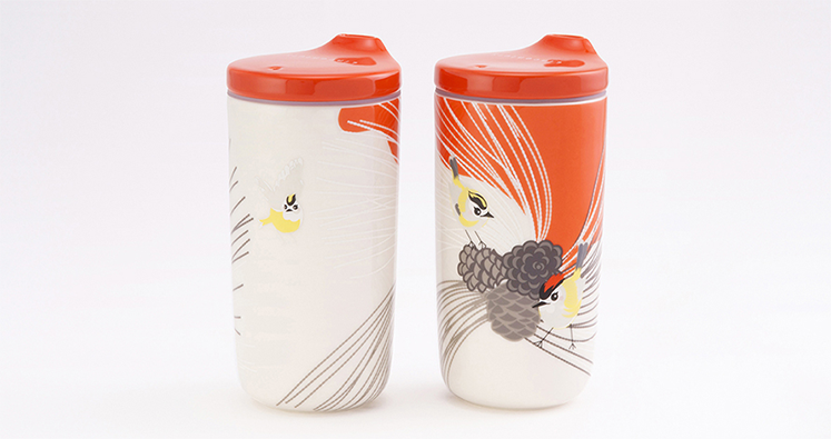 瓷林 奪冠タンブラー ニイタカキクイタダキ 陶器 蓋付き 保温保冷 オレンジ ホワイト 台湾固有種 鳥柄 300ml マイボトル