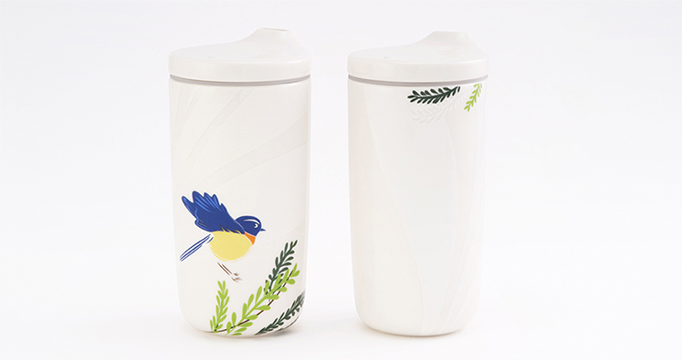 瓷林 躍進タンブラー アリサンヒタキ 白色陶器製 ふた付き 保温保冷 台湾固有種の青い鳥デザイン 緑の植物レリーフ マイボトル 