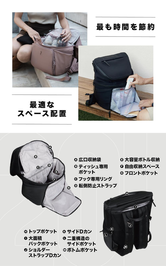 Dausonlab マザーズリュック 20L 収納機能図 折りたたみ仕切り 18個ポケット 多層構造 黒 ピンク 育児バッグ