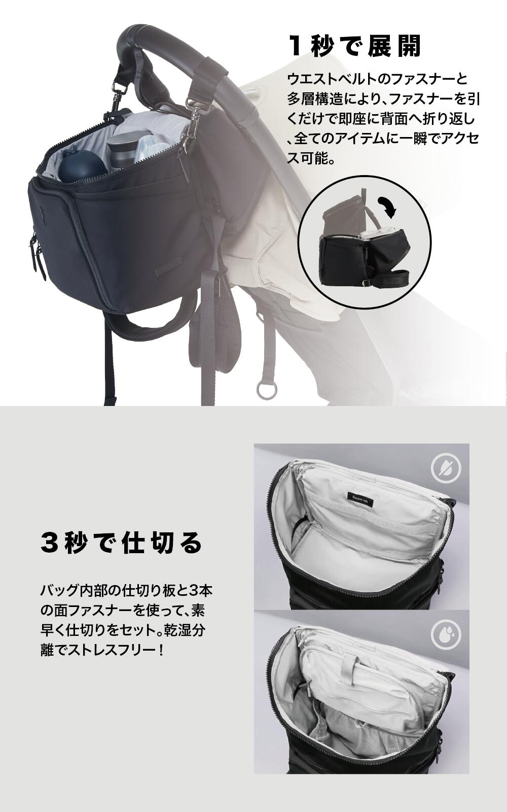 Dausonlab マザーズリュック 20L 黒 1秒展開 3秒仕切り 折りたたみ構造 速い 便利 育児バッグ 機能図