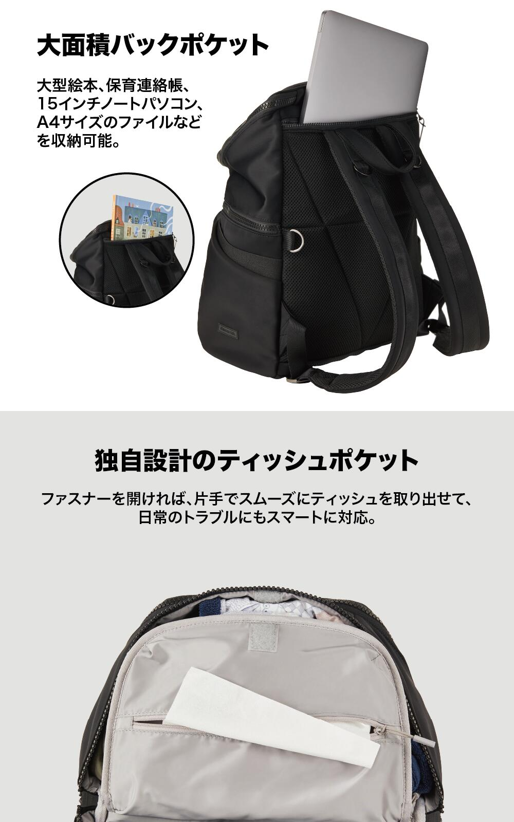 Dausonlab マザーズリュック 20L 黒 背面ポケット 15インチPC A4収納 ティッシュポケット 育児バッグ 機能図