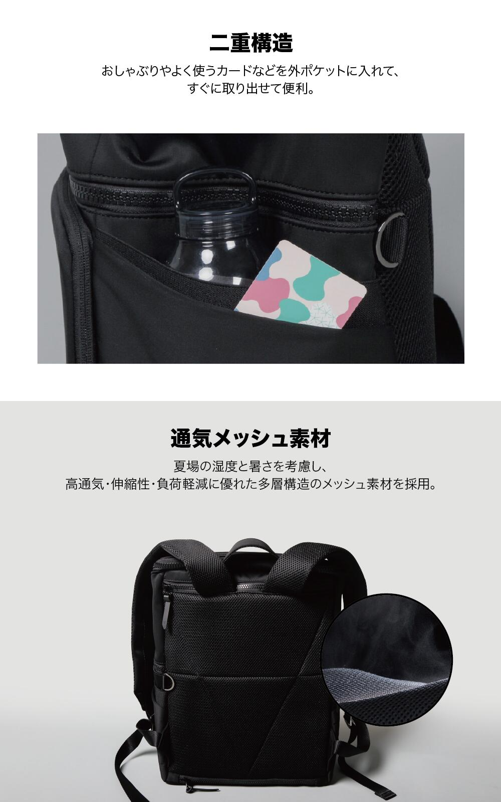 Dausonlab マザーズリュック 20L 黒 二重ポケット カード収納 通気メッシュ 背面 育児バッグ 快適 機能図