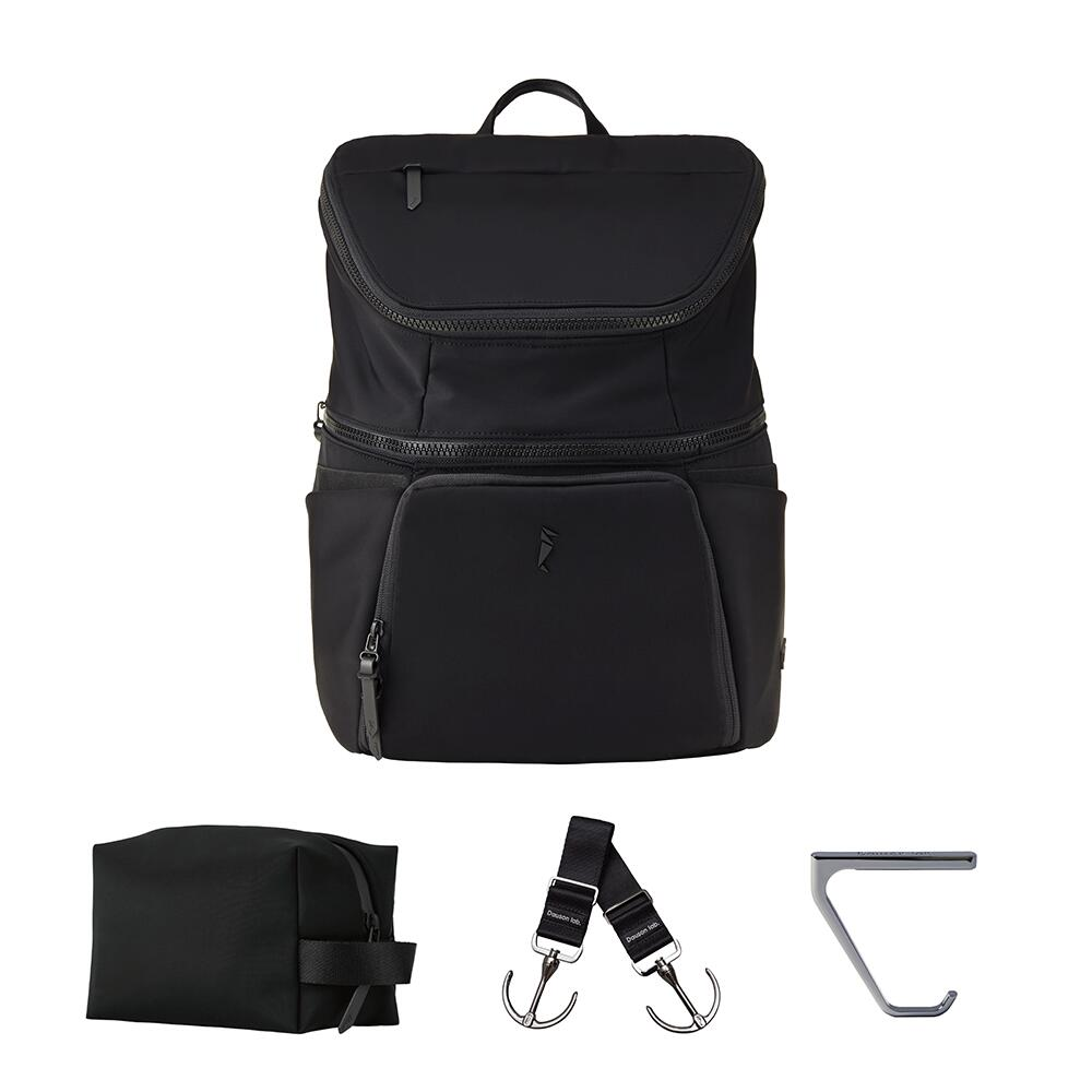 Dausonlab マザーズリュック 15L 黒 4件セット 防水 軽量 大容量 ポーチ フック付 パパママ兼用 育児バッグ