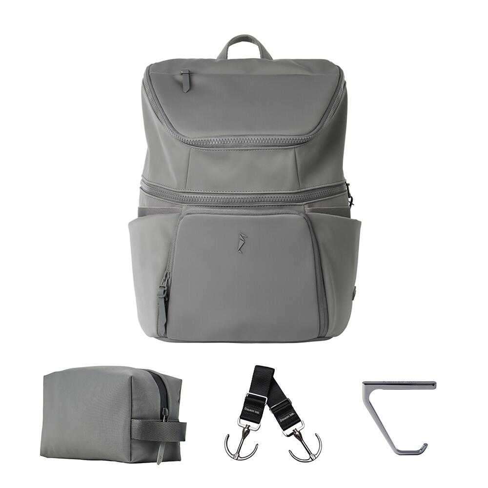 Dausonlab マザーズリュック 15L グレー 4件セット 防水 軽量 大容量 ポーチ フック付 パパママ兼用 育児バッグ