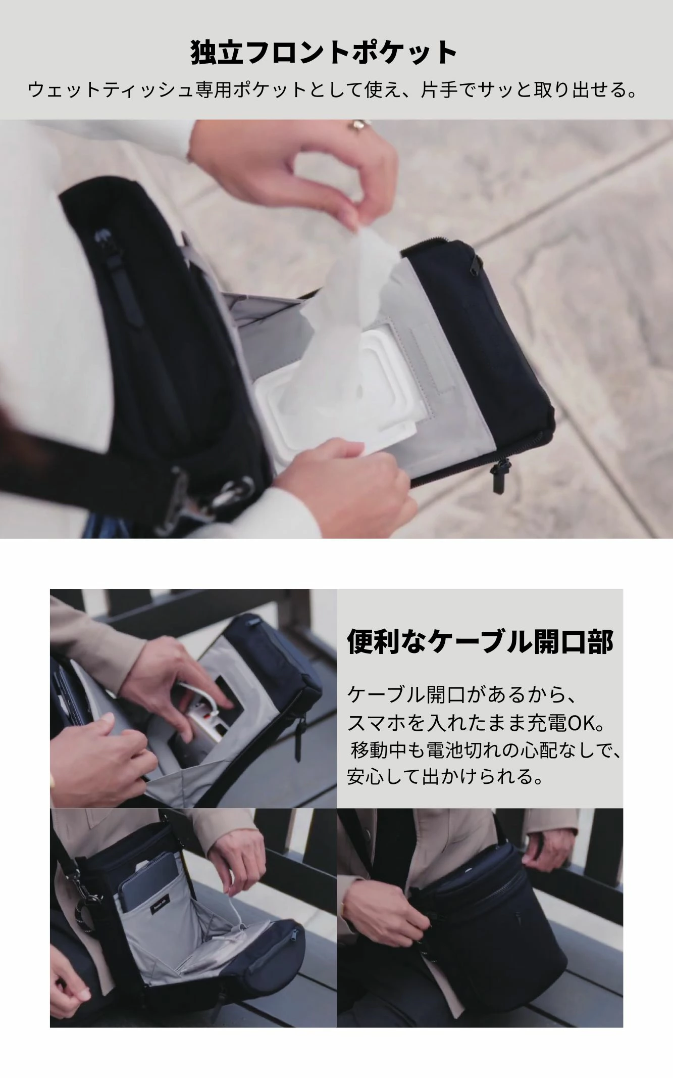 Dausonlab SPACEFOLD 折りたたみバケツバッグ フロントポケット ケーブル開口 ティッシュ収納 多機能 機能説明