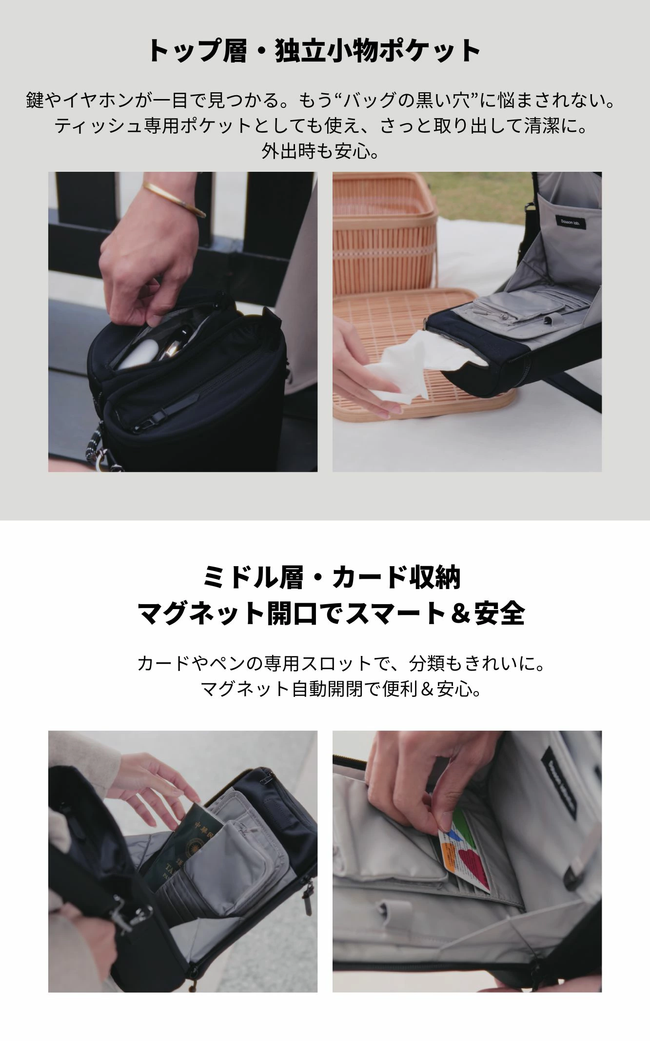 Dausonlab SPACEFOLD 折りたたみバケツバッグ 小物ポケット カード収納 マグネット開口 多層構造 機能詳細説明